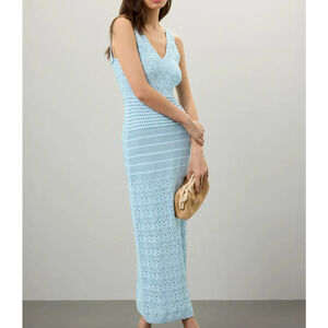 Ronny Kobo Blue Crochet Maxi Slip Dress XL Backless Knit Vacation Tank $320